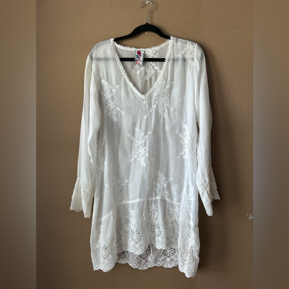 White Johnny Was Embroidered Tunic Boho Chic Pullover Size M